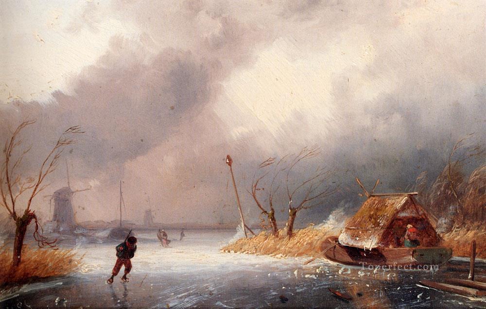 凍った水路を歩くスケーターたちの冬の風景 チャールズ・ライカート油絵